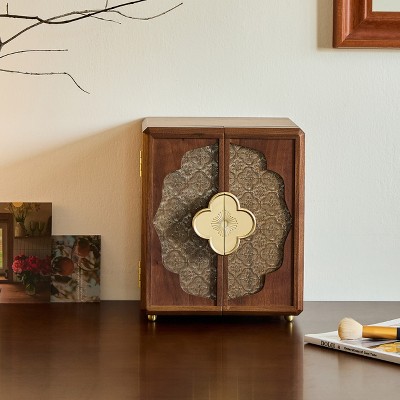 Vintage Walnut Wooden Jewelry Box with Embossed Glass Doors, Brass Lock, Gift Organizer for Women