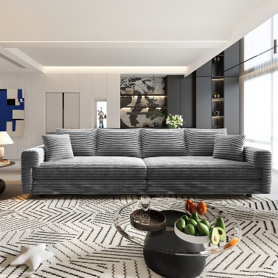 TiramisuBest 102.4" Plush Corduroy 4-Seat Sofa, Deep Seat Cloud Couch, Convertible Upholstered Lounge Sofa for Living, Bedroom,Grey