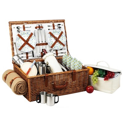 Picnic at Ascot English Style Willow Basket with Four Person Picnic Set, Blanket, and Coffee Set