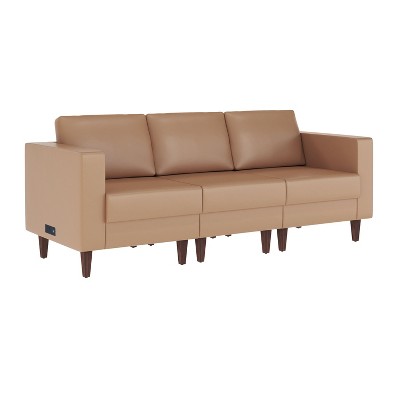 Flash Furniture HERCULES Artemis Upholstered Reception Sofa with 4 AC Outlets/2 USB/2 USB-C Ports and Wood Walnut Legs with Adjustable Floor Glides
