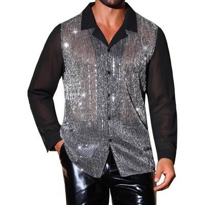 INSPIRE CHIC Men's Camp Collar Long Sleeve Party See Through Sequin Shirts