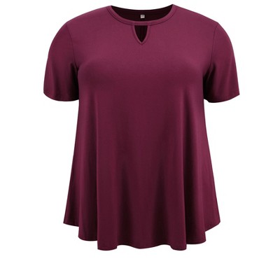 Women's Plus Size Keyhole V Neck Short Sleeve Swing Casual Knit Blouses - GRACE & GRANDEUR