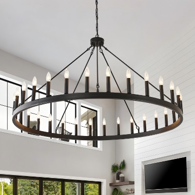 BAOURE 53 Inch Large Black Wagon Wheel Chandelier, 20-Light Farmhouse Rustic Pendant Lights, Round Light Fixtures for Outdoor Porch High Ceiling