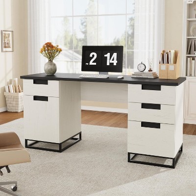 Acekool 59" Farmhouse Executive Desk with File Drawer, Storage Cabinet & 3 Drawers, Wooden Computer Table for Work and Study
