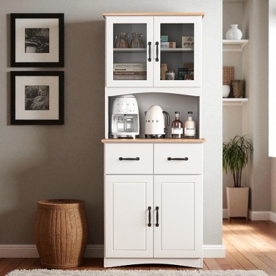 Wooden Kitchen Cabinet Pantry Room Storage Microwave Cabinet with Glass Doors and Drawer