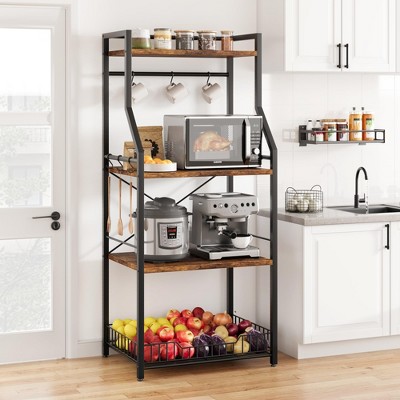 Kitchen Bakers Rack, Microwave Oven Stand with Large Wire Basket, Industrial Coffee Bar Station, 4-Tier Kitchen Utility Storage Shelf with 8 Hooks