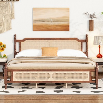 MAYEERTY King Pine Wooden Bed with Rattan Headboard and Footboard Brown
