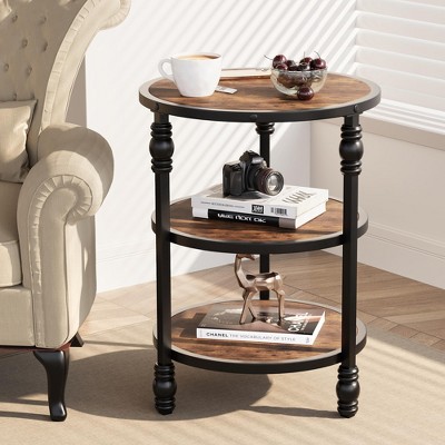 Round End Table with Storage Shelves, 3-Tier Farmhouse Side Table with Metal Legs, Rustic Accent Table for Living Room or Bedroom