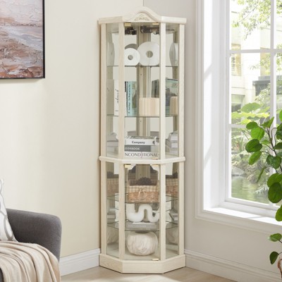 FONTOI Carved Curio Cabinet, Glass Corner Display Cabinet with Adjustable Glass Shelves for Living Room and Bedroom, White, 16.73"*71.93"*16.73"
