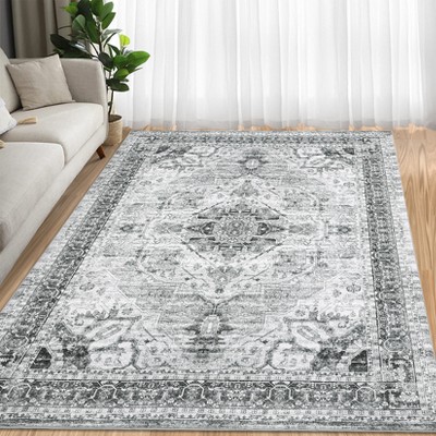 Area Rug 5x7 Washable Vintage Carpet for Office Soft Retro Low Pile Thin Rug Non Slip Oriental Medallion Floor Cover for Bedroom Dining Room