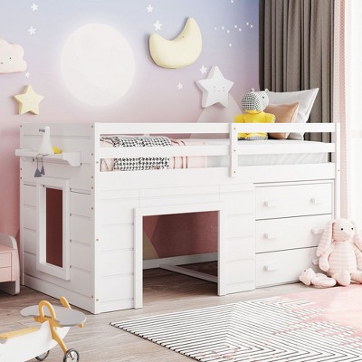 NicBex Twin Size Bunk Bed Loft Bed Pine Bed Frame with Storage Drawers, Guardrail and Ladder, No Box Spring Required, Space Saving