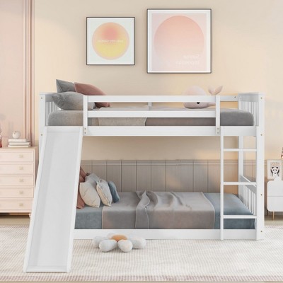 Okak Full over Full Wood Bunk Bed with Slide & Safety Guardrail Loft Bunk Bed with Ladder for Kids Teens, Easy Assemble No Box Spring Needed