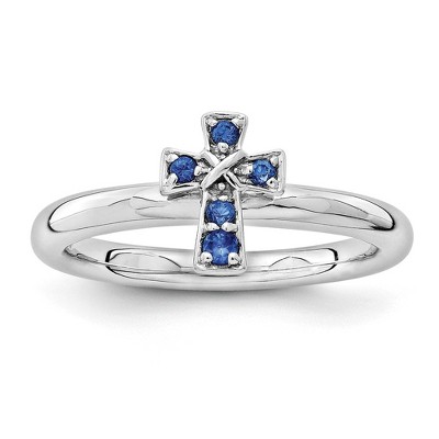 Black Bow Jewelry Rhodium Sterling Silver Stackable Created Sapphire 9mm Cross Ring