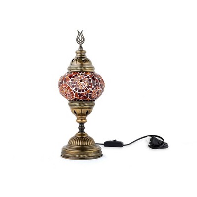 Kafthan 14.5 in. Handmade Red Separated Circles Mosaic Glass Table Lamp with Brass Color Metal Base