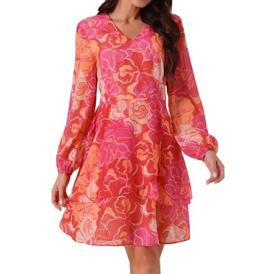 Seta T Women's V Neck Floral Long Sleeve High Waist Chiffon Ruffle Swing Skater Mini Dress