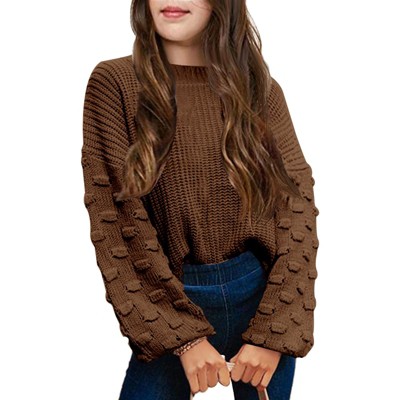 Girls Crewneck Knit Pullover Sweaters Long Lantern Sleeve Oversized Knit Cute Jumper Tops