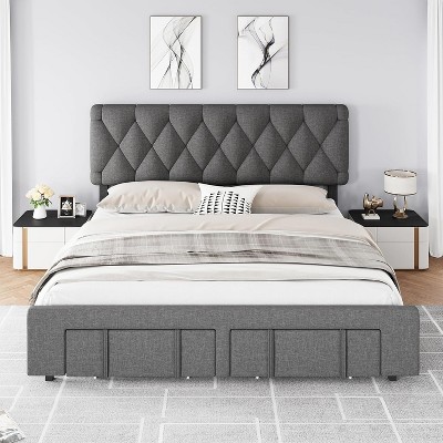 Bed Frame, Upholstered Platform Bed Frame with Storage Drawers, Mattress Foundation with Solid Wooden Slats Support, No Box Spring Needed, Grey