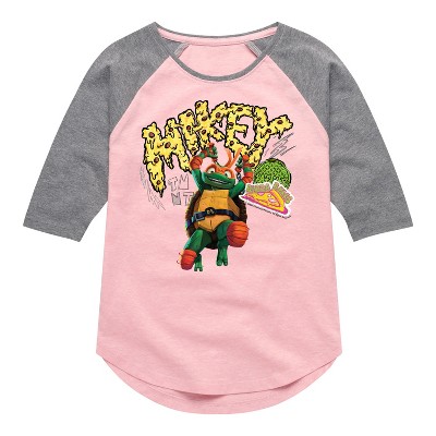 Girls' - Teenage Mutant Ninja Turtles - Michelangelo AKA Mikey Shirt Tail Raglan Graphic T-shirt
