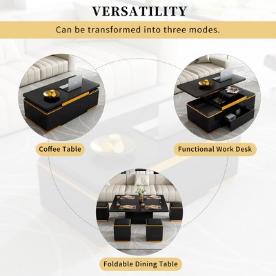 Lift-Top Coffee Table with 4 Upholstered Stools, Multi-Functional Cocktail Table Center Table Side Table Dining Table with Storage Space - ModernLuxe