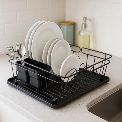 J&V TEXTILES 3-in-1 Dish Drying Rack, Countertop or Over Sink Design, Removable Utensil Holder, Non-Slip Feet