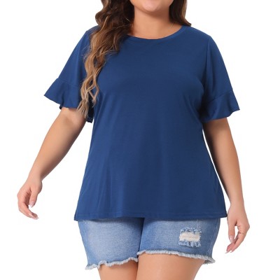 Agnes Orinda Women's Plus Size Short Flounce Sleeve Casual Summer Round Neck Blouses