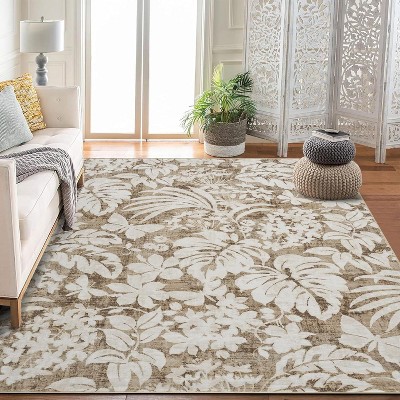 Fulvari Area Rug Floral Leaf Printed Accent Carpet with Non-Slip Backing, Stain-Resistant Indoor Carpet for Bedroom, Kitchen
