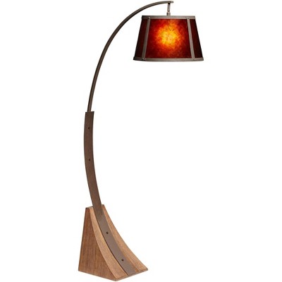 Franklin Iron Works Oak River Rustic Mission 66 1/2" Tall Arc Floor Lamp with Smart Socket Dark Rust Natural Oak Mica Shade for Living Room