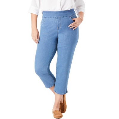 Woman Within Petite Pull-On Flex-Fit Elastic-Waist Stretch Denim Capri Jeans