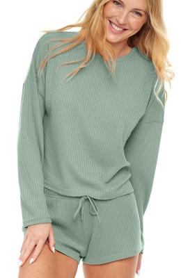 ADR Women's Pajamas Set, Soft Ribbed Knit Waffle Pajamas Lounge Set, Long Sleeve Sweater Top and Pajama Shorts Drawstring