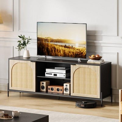 Rattan TV Stand for TV up to 75 Inches, Mid Century Modern TV Console Table with 2 Cabinets and 2 Open Compartments for Bedroom Black
