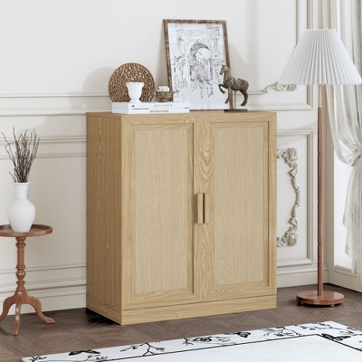 PexFix 36"x31"x16" Rattan Wood Accent Cabinet with Adjustable Shelf Storage Cabinet Natural