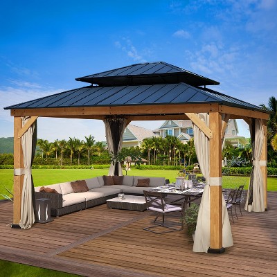 EROMMY 13' x 15' Cedar Wood Frame Gazebo, Outdoor Hardtop Gazebo with Metal Roof