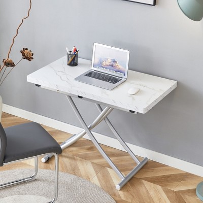 Modern Minimalist Multifunctional Lift Table with 0.8" MDF Top and Adjustable Silver Metal Legs, Usable as Coffee, Dining, Office