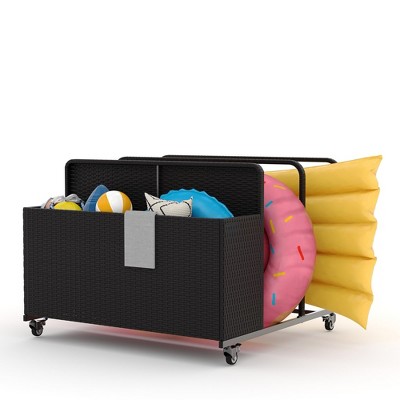 Outdoor Pool Float Storage with Wheels, PE Rattan Poolside Storage Bin Basket with Compartments and Side Shelves for Patio