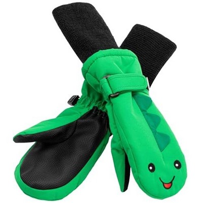 Maplefield Waterproof Toddler Gloves with Fun Creatures - Long Cuff, Keeps Dry and Warm, with Thinsulate - Dino