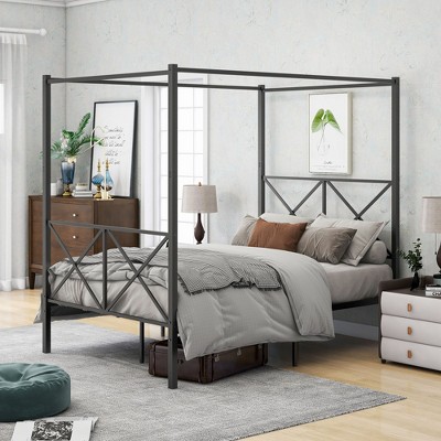 Kumasinova Queen/Full Size Bed Frame,X-Shaped/Vintage Style Platform Bed Frame with Headboard,Metal Canopy Queen/Full Bed Frame for Kids,Teens,Black