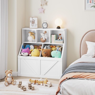 Kids Bookshelf and Toy Storage, Wooden Toy Storage Organizer, 2-Tier Toddler Bookcase with 3 Cubbies & 2 Bins for Playroom, Nursery, Bedroom, White