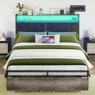 AMERLIFE LED Bed Frame with Drawers, 2-Tier Storage and Charging Station