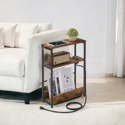 Side Table with Charging Station, Narrow End Table, 3-Tier Nightstand, Sofa Table for Small Spaces, Magazine Rack