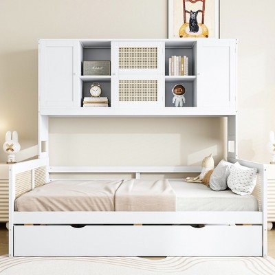 Twin/Full Size Wooden Daybed with Trundle, Built-in Storage Cabinet & Shelves, Multifunctional Bed Frame for Kids & Guests, White/Gray - ModernLuxe