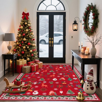 Washable Christmas Area Rug Holiday Red Rugs for Living Room