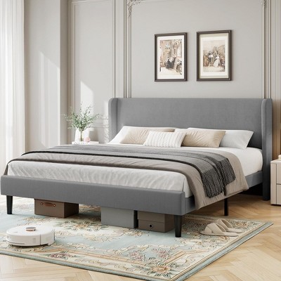 Bed Frame with Vertical Channel Headboard, Upholstered Bed Frame with Wood Slats
