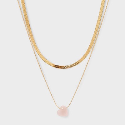 Semi Precious Rose Quartz Necklace Set 2pc - Universal Thread™ Gold: Lobster Claw Clasp, Recycled Brass, 18" Length