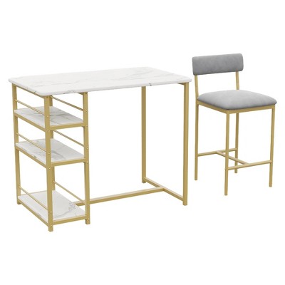 Dining Table Set for 2 with Chairs, Small Kitchen Table and 2 Upholstered Bar Stools, Storage Shelves, Space-Saving Furniture