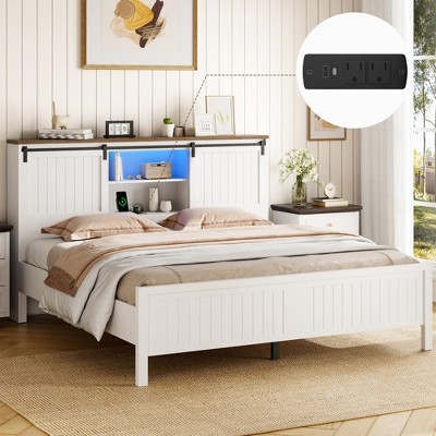 Farmhouse Full Size Bed Frame with Storage, Farmhouse Bed Frame with Charging Station and Led Light, Bed Frame with Sliding Barn Door