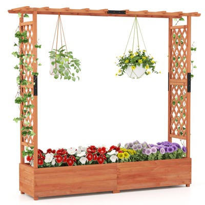 Tangkula Raised Garden Bed Planter Box w/ Side & Top Trellis for Vine Climbing Plants