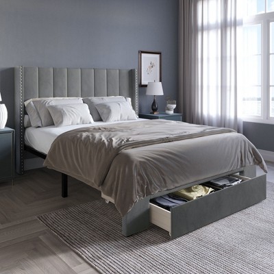 ChaletPosh King Size Platform Bed with Storage Light Grey Velvet