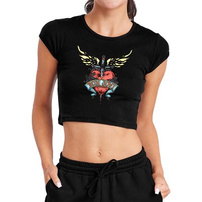 Women's Bon Jovi Daggered Cap Sleeve Baby Rib Crop Top