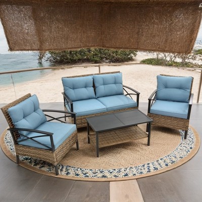 ELJGET 4-Piece Outdoor Patio Furniture Set Rattan Wicker Conversation Sofa Set with Coffee Table Blue Cushion