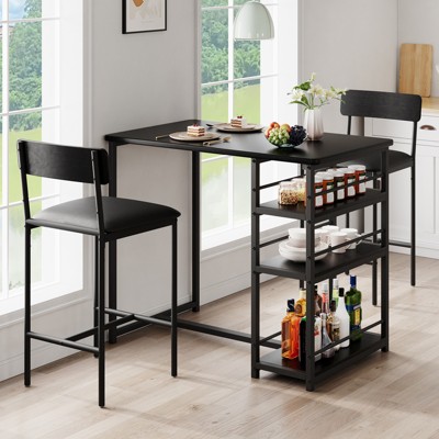 Bar Table Set for 2 with 2  PU Cushion Stools and 3 Storage Shelves, 3 Piece